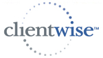 Gray and blue logo depicting ClientWise