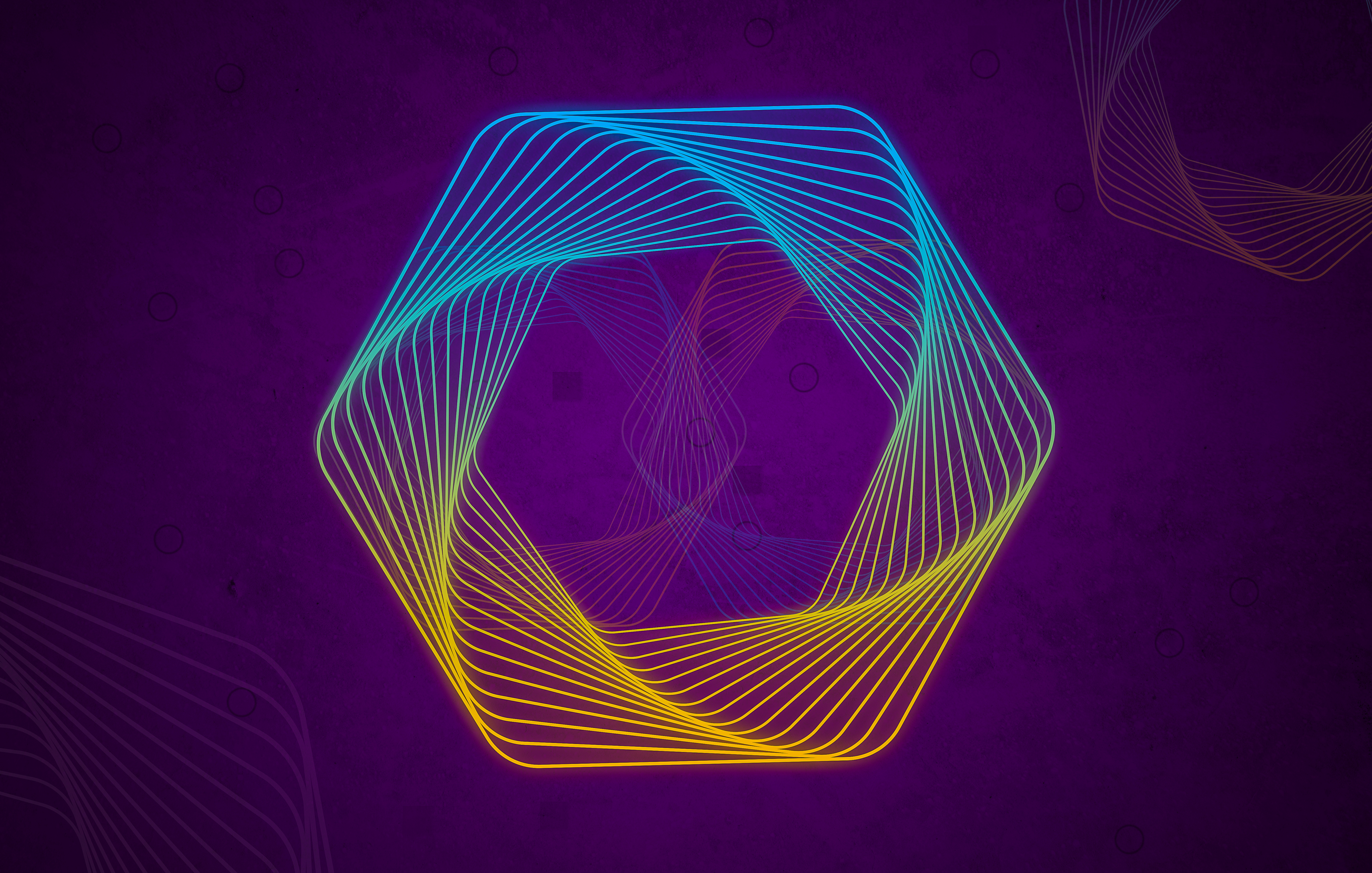 Blue & Yellow geometrical lines shape on dark purple background.