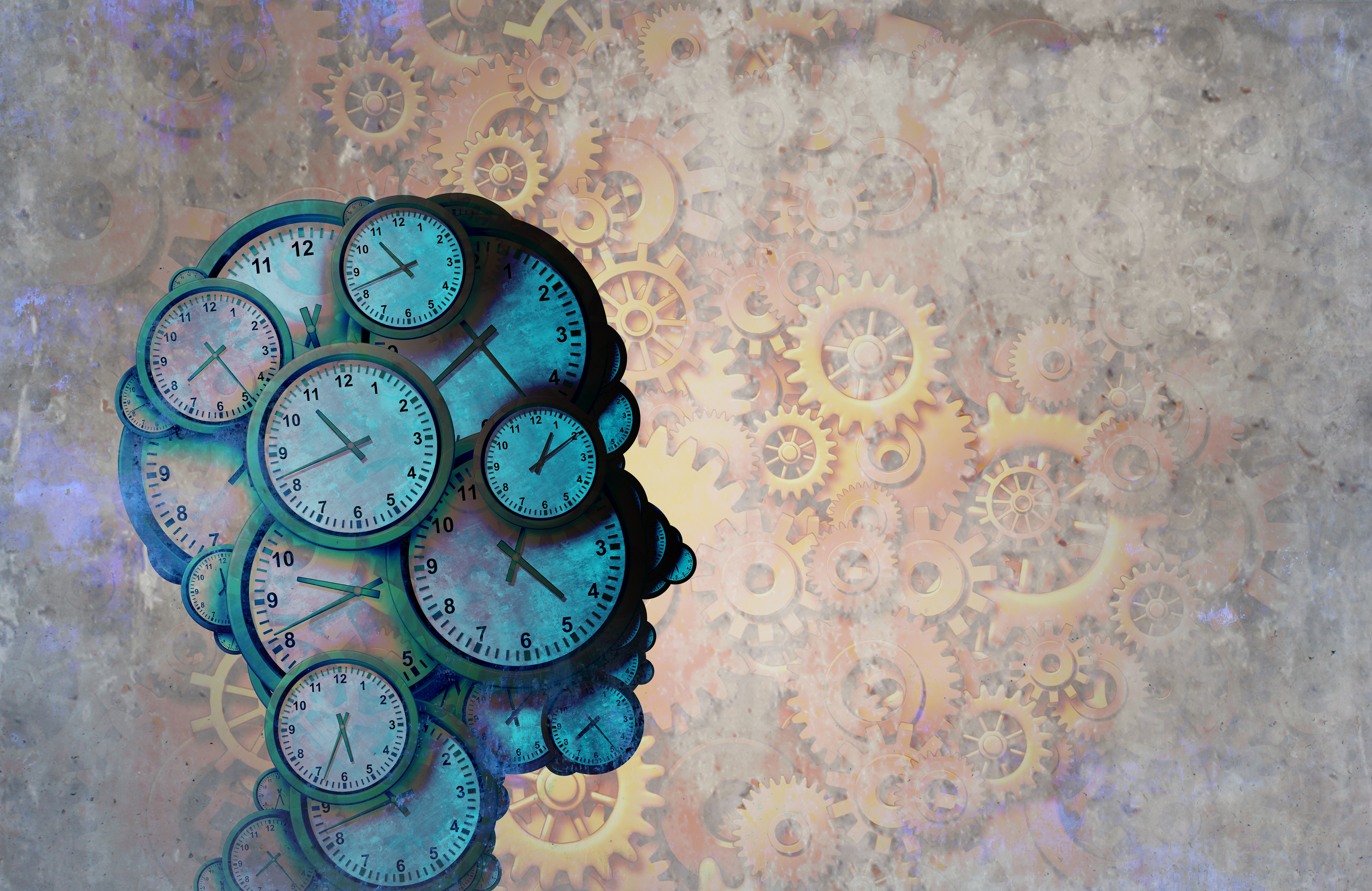 a graphic depiction of time with several timepieces representing a human head